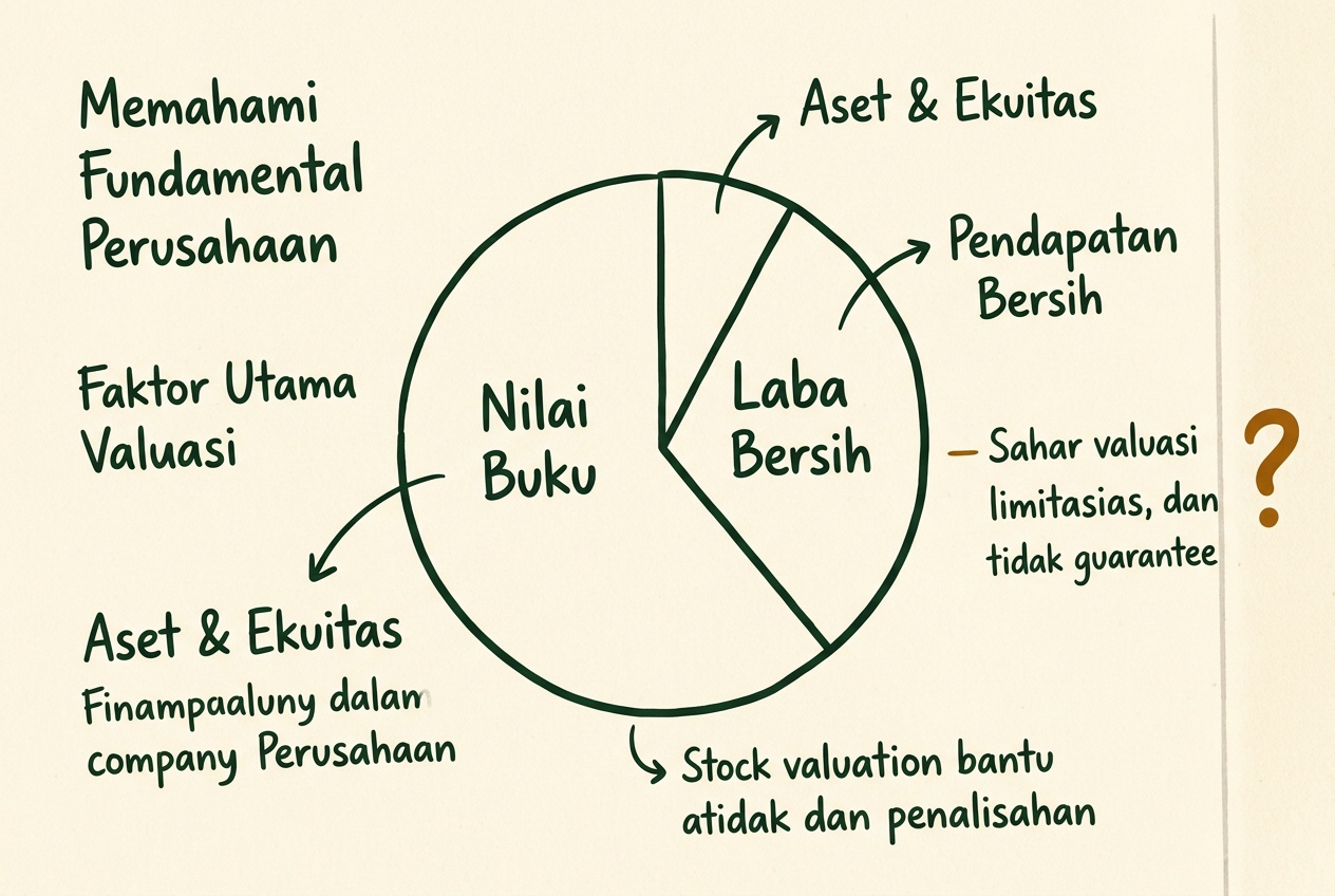 Ilustrasi catatan konsep valuasi dengan diagram lingkaran dan keterangan ochre