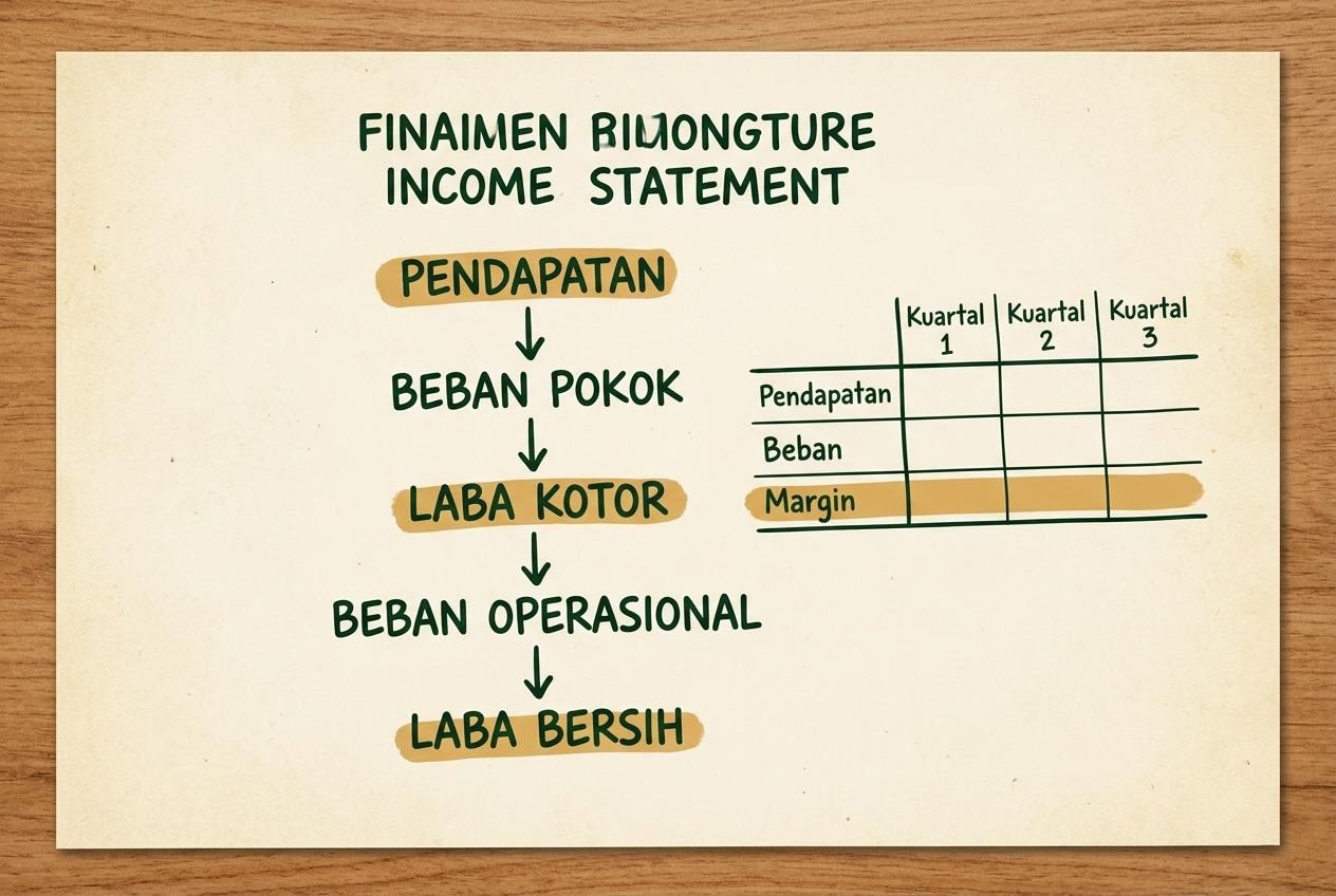 Catatan ilustrasi grafik laba rugi dengan garis tinta hijau dan keterangan margin