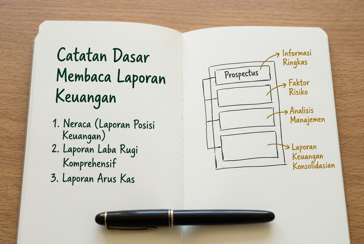 Catatan terbuka berisi tabel laporan keuangan dengan tinta hijau dan penanda ochre