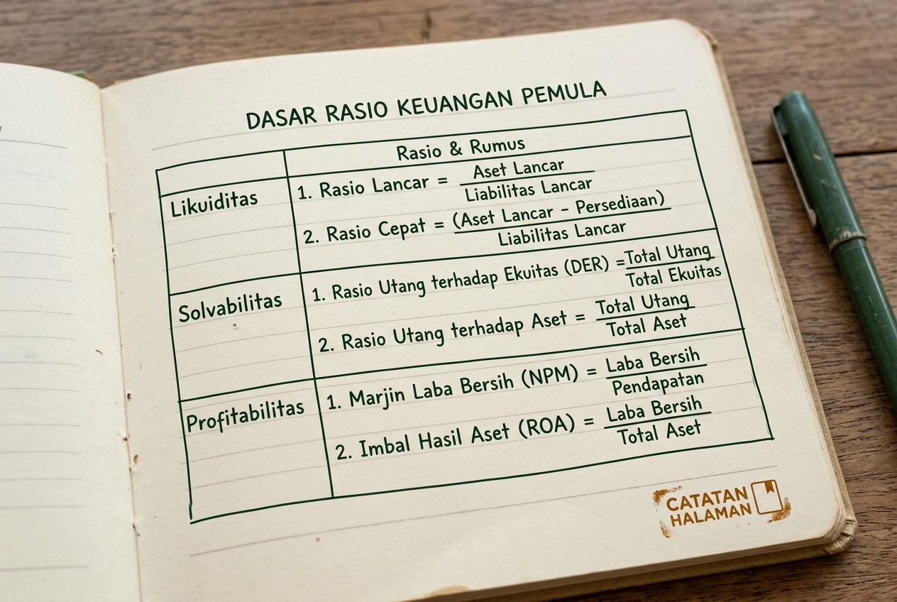 Tabel rasio keuangan ditulis tangan di buku catatan krem dengan stempel ochre