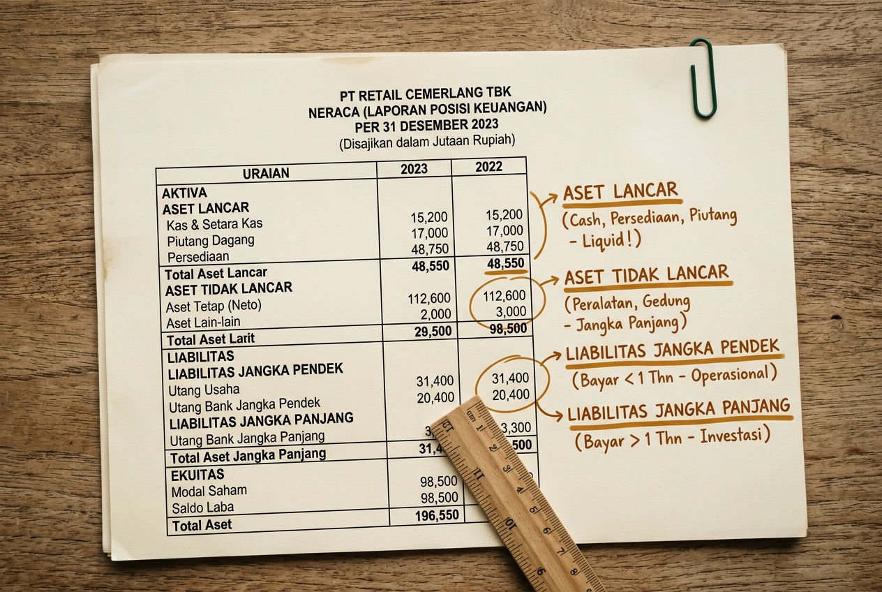 Halaman neraca emiten dengan anotasi spidol ochre di sisi kanan