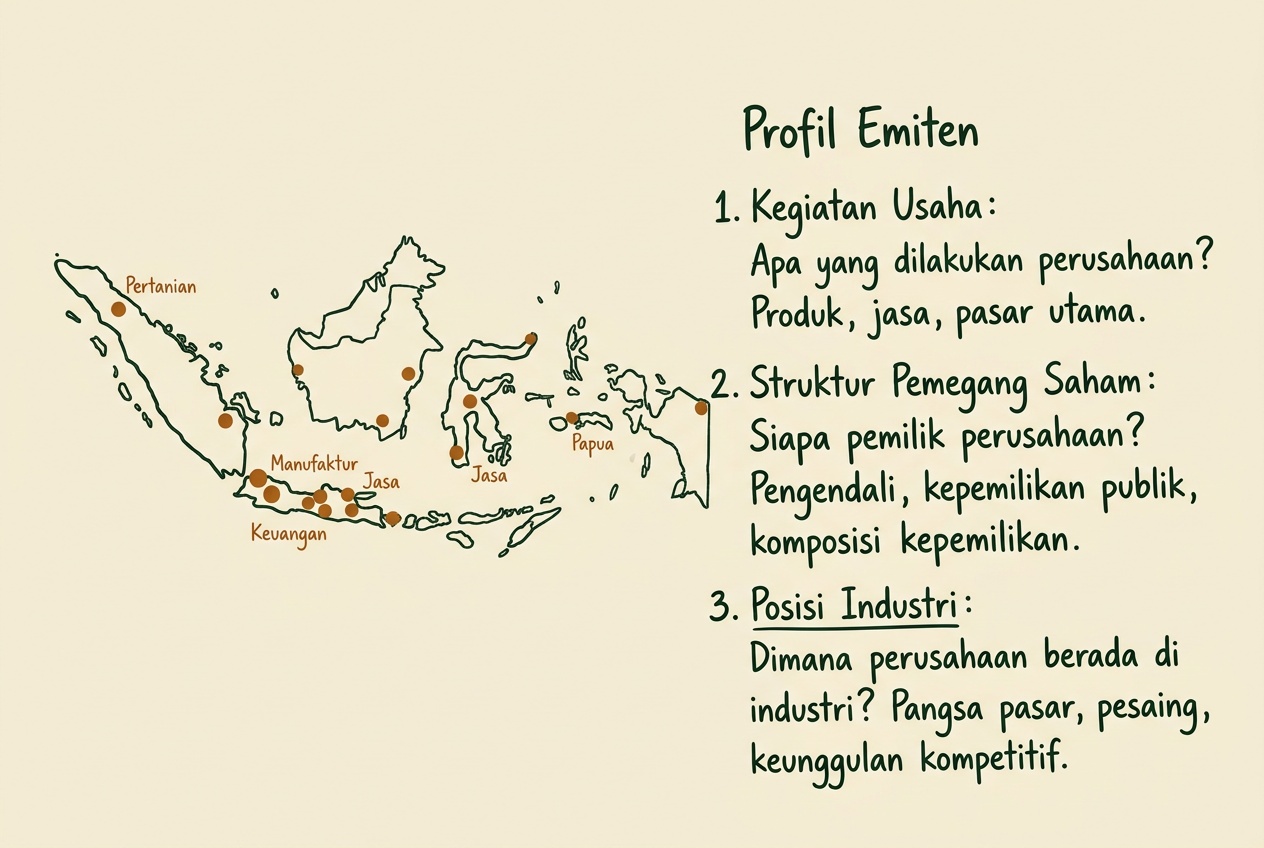 Catatan profil emiten Indonesia dengan peta sektor industri tergambar tangan