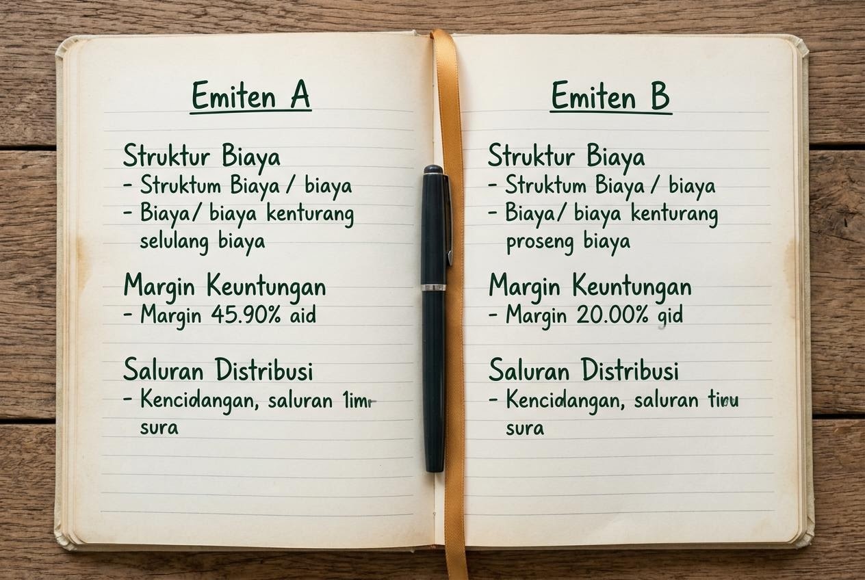 Dua halaman catatan dibuka berdampingan untuk membandingkan dua emiten sektor sama
