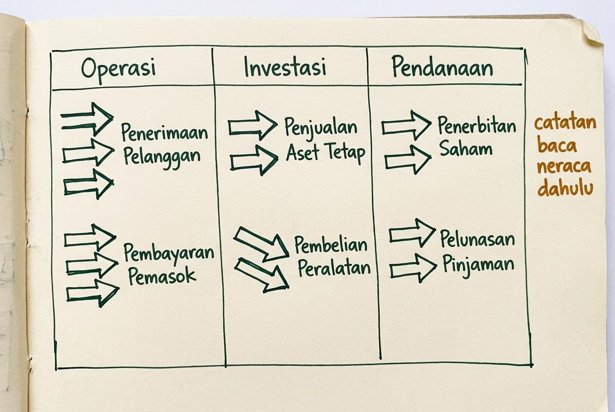 Sketsa diagram arus kas dengan panah tinta hijau pada kertas krem